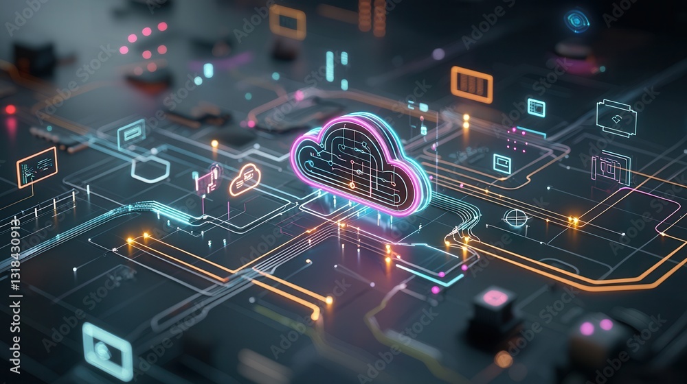 Poster a cyber futuristic digital depicting an advanced cloud computing and networking system showcasing a 