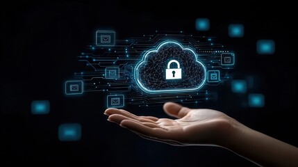 Cyber Futuristic Digital Artwork Depicting Cloud Security and Data Protection  High tech digital showcasing a hand gesture activating a cloud based security system with a lock icon