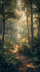 Obraz premium Golden Hour in the Forest: Serene Landscape Featuring Lush Greenery and a Meandering Pathway