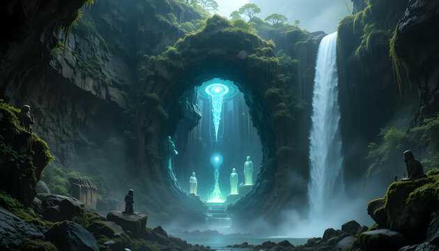 Magical Waterfall Cave Fantasy Art Digital Painting