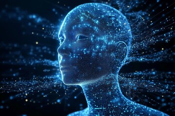 A detailed digital illustration featuring a human bust shattering into grey fragments, with blue screens in the background symbolizing worldwide online identity and security issues