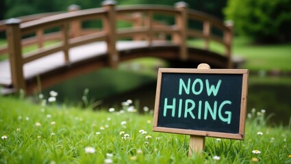 Now Hiring sign. Conceptual word on a black chalkboard backdrop. Attractive meadow scenery with a bridge. Business and idea. Space for text.