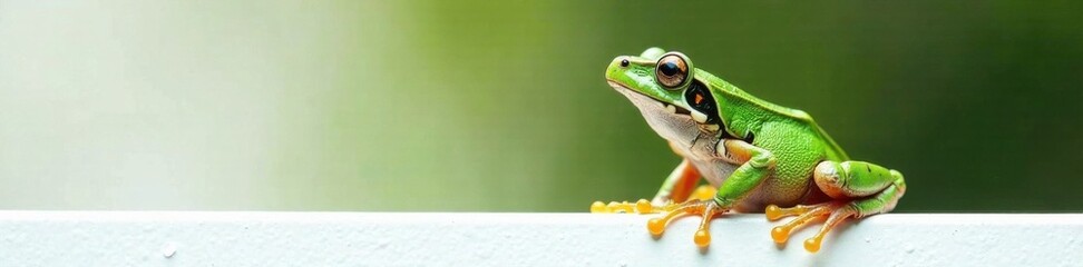Fototapeta premium Grenouille pos?e sur le panneau blanc, la t?te lev?e vers le ciel, green, white panel, pond life