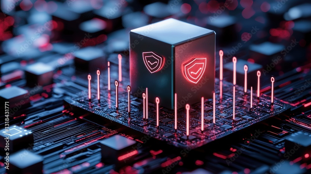 Poster abstract representation of cybersecurity with the globe as a central hub, protected by firewalls and