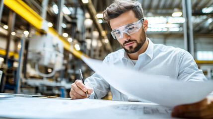 Mechanical Engineer in Safety Glasses Analyzing Technical Documents in Manufacturing Facility