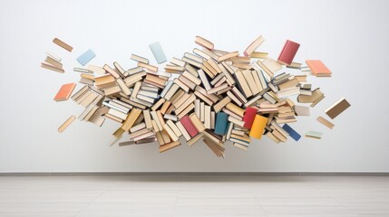 An overflowing bookshelf with stacks of books piled high, some leaning precariously against each other, suggesting an avid reader with a vast collection.