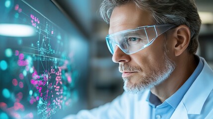 Scientist Analyzing Data on a Futuristic Touchscreen in a Laboratory Setting