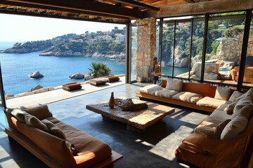 Fototapeta premium Luxurious coastal living room with ocean view.