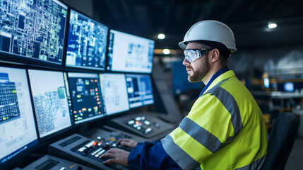 Modern Worker Operating Control Panel in Industrial Setting with Advanced Technology