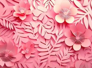 Fototapeta premium Beautiful pink floral paper cutouts on a blush background, vivid and detailed top-down view.