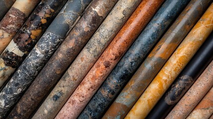 Freshly Extracted Mineral Cores Neatly Arranged for Geological Study and Analysis