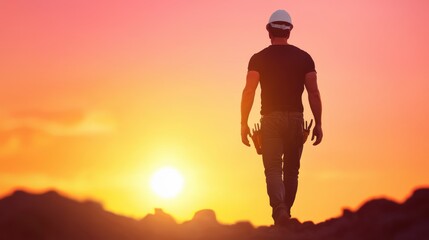 A construction worker in a hardhat and tool belt walking across a construction site, silhouetted against a vibrant sunset, emphasizing the end of a workday.