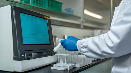 Researcher Using Handheld Spectrophotometer for Scientific Analysis in Modern Laboratory Setting