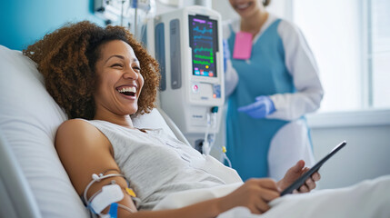 Patient Laughing in Hospital Bed While Chatting in Video Call with Caregiver Present