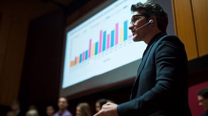 Obraz premium Man with Hearing Aid Giving Engaging Presentation in Front of Audience at Professional Event