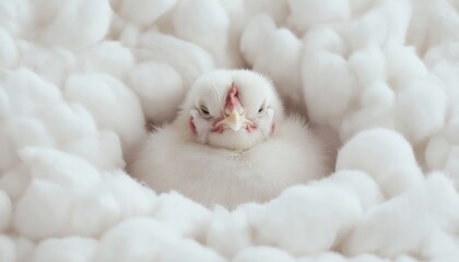 A small bird nestled in soft, white fluff, appearing cozy and serene.
