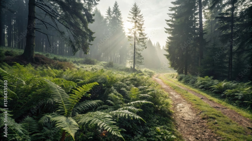 Poster A sunbeam pierces through the dense forest canopy, illuminating a winding path that disappears into the mist, creating a sense of mystery and intrigue.