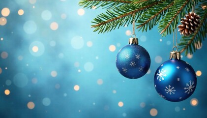 Hanging blue ornaments with snowflakes, pinecones, and stars, snowflake pattern, Christmas elements, blue ornaments