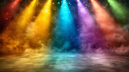 The sci-fi club concept with a futuristic twist includes a dark, empty room made of grunge concrete, illuminated by neon lights in purple, blue, and pink hues