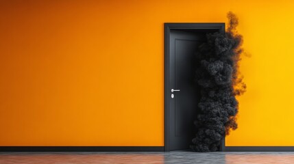 The thick smoke, colored grey, seeps slowly from beneath the closed door, curling and spreading a pungent scent through the hallway, indicating a fire burning inside the house