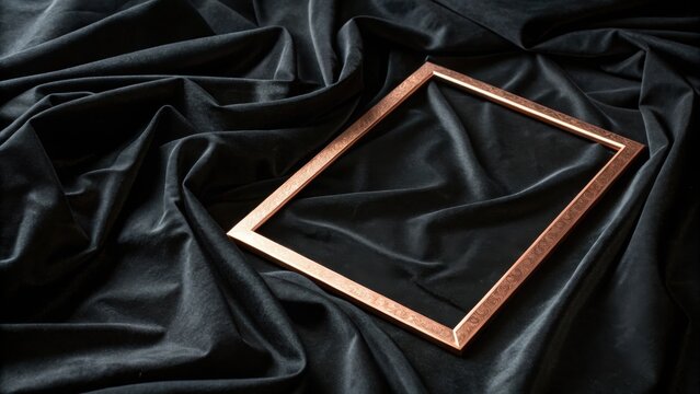 A copper frame rests upon a dramatic cascade of black fabric, inviting a cherished memory or artful composition.