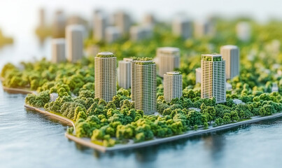 Fototapeta premium Futuristic eco-friendly city with modern green buildings surrounded by lush nature, symbolizing sustainability and urban innovation.