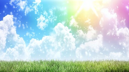 Pastel Rainbow Sky Over Green Field