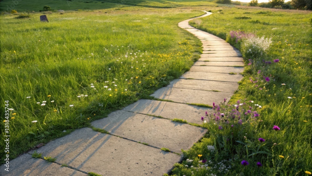 Poster a winding stone path through a field of wildflowers, bathed in the warm glow of the setting sun.
