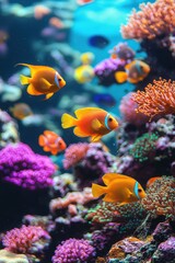 Obraz premium Colorful clownfish swim among vibrant coral in a tropical reef habitat under clear water