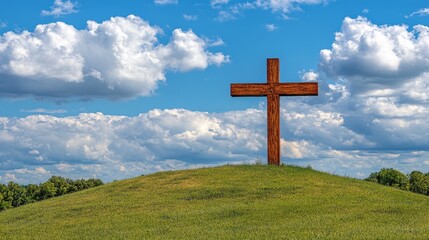 Against a vibrant sky, a towering wooden cross casts a strong and striking shadow, representing the crucifixion and rebirth of Jesus Christ