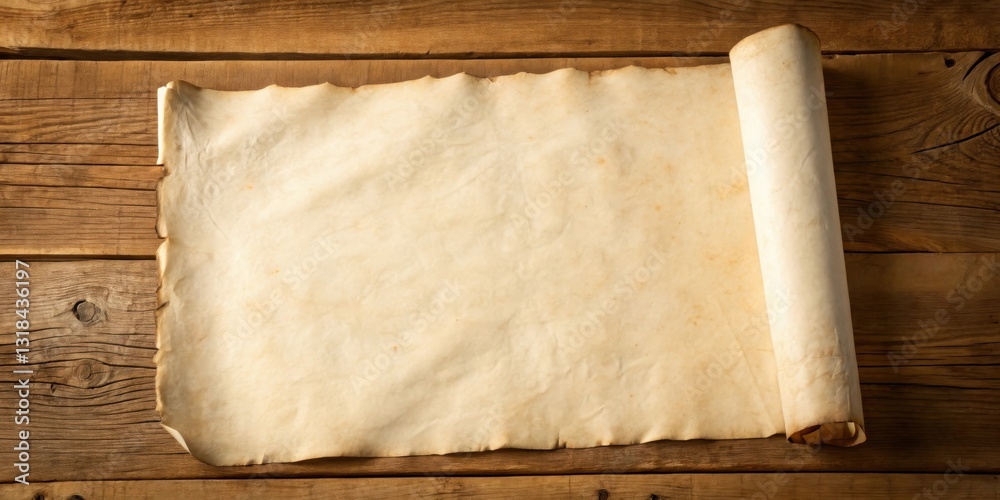 Poster an aged scroll of parchment resting on a weathered wooden surface, ready to be unfurled and reveal i