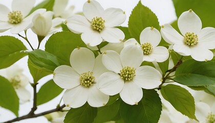Fototapeta premium White dogwood blossoms opening delicately, surrounding green foliage, resting against pristine white backdrop,leaf, delicate, elegance, greeting, horizontal, invitation, out, poster, 45