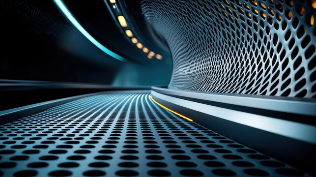 A close up detail of a hyperloop tunnel interior, highlighting the advanced materials, smooth surfaces, and futuristic architectural elements.