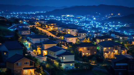 Obraz premium 夜の新興住宅地と美しく輝く街明かり