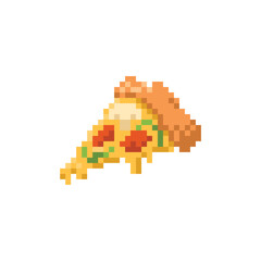 Pixel art pizza slice icon. Delicious pizza in 8 bit retro style. Game asset in video game. Vector illustration in 90s design