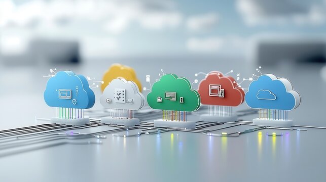 A futuristic 3D rendered digital concept showcasing a multi cloud data storage and computing network