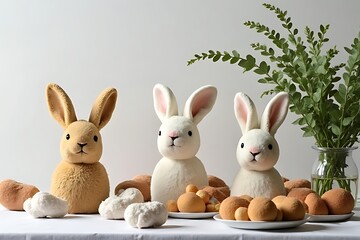 Fototapeta premium Festive bunny decor with eggs indoor setting decorative display natural elements close-up view easter concept