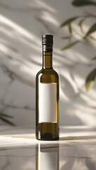Elegant olive oil bottle with a blank label sits on a marble surface, bathed in soft light filtering through leaves, creating a natural ambiance.