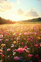 Fototapeta premium Vibrant wildflower field during golden hour with sun setting behind trees in a tranquil countryside