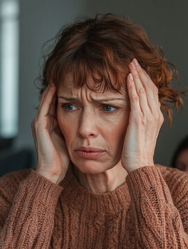 middle-aged woman menopause headache senior elderly aunt with wrinkle face looks worried stress uneasy