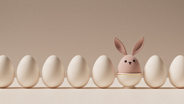 Minimalistic composition of a row of eggs and an Easter bunny.