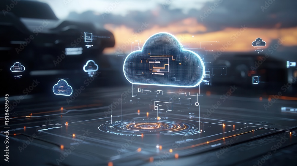 Poster futuristic digital depicting a glowing cloud computing technology with various digital icons and ele