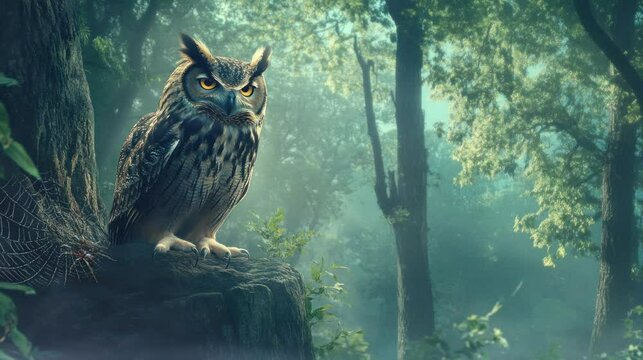 the sharp gaze of the owl's eyes is very beautiful. seamless looping time-lapse virtual 4k video Animation Background.	