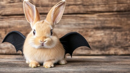 With a spooky black vampire costume, fake fangs, a red cape, and glittery bat wings, a fluffy white rabbit is ready to hop around and collect treats on Halloween night