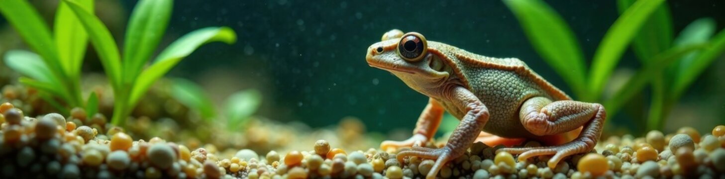 Le grenouille dans un aquarium avec un panneau blanc, white panel, fish, water