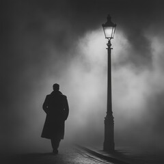 Obraz premium Silhouette of a man walking on a foggy street at night, lit by a lamp post