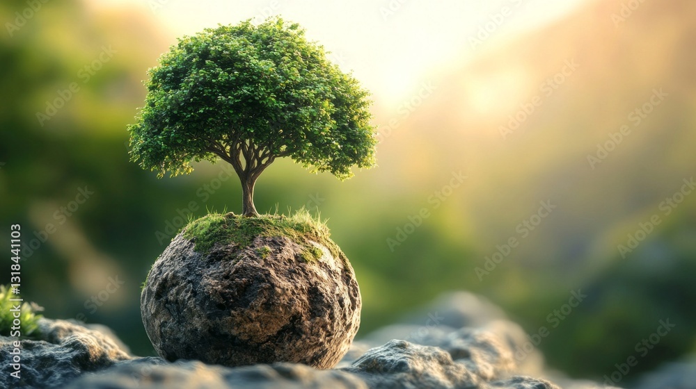Poster a vibrant green tree stands tall atop a rugged stone, its roots embedded in moss, bathed in warm sun