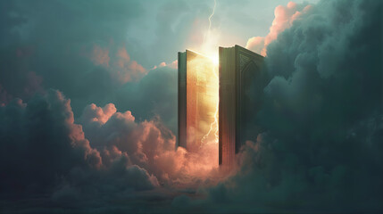 Glorious heavenly holy bible in the cloud road to salvation 3d rendered illustration. Heavenly book of life, gate of heavens. Two columns, happy end. Open heaven holy scriptures, word of the spirit 