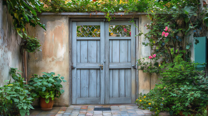 Entrace gate in the park, garden, building.  Doorway with green shutters. Abandoned building wiith a fence and gate.