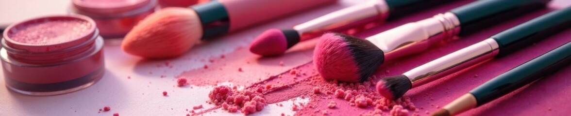 A close-up of a beauty social media set with makeup brushes and products , makeup brushes, beauty setup, skincare